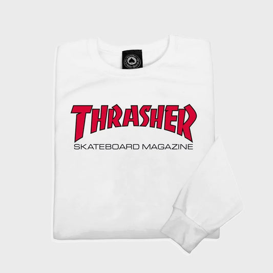 Buzo Thrasher Outline Blanco Rojo Unisex cuello redondo