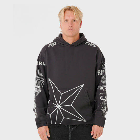 Buzo Rip Curl Hoodie Loose Print Negro Hombre Canguro Estampado Urbano